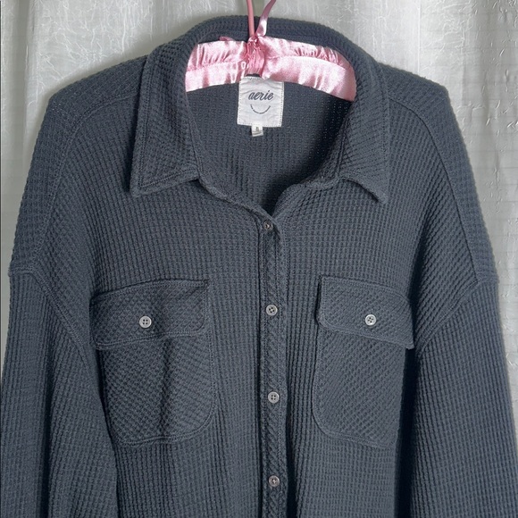 aerie XL Lumber Stone Washed True Black Waffle Knit Cotton Blend Oversized Shirt - Picture 8 of 14